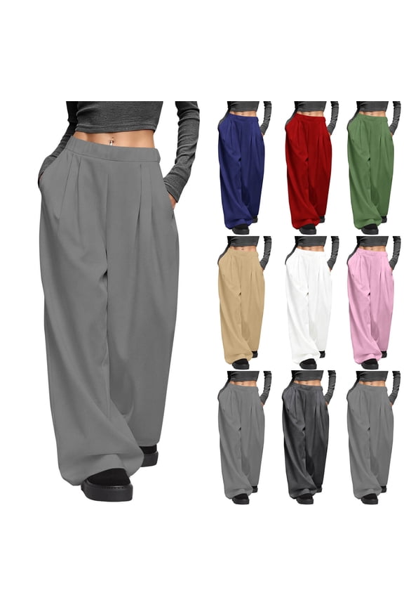 Wide Leg Pants for Women Baggy Fit Casual Pull On Oversized Dress Pants for Women,Gray,Size 2XL
