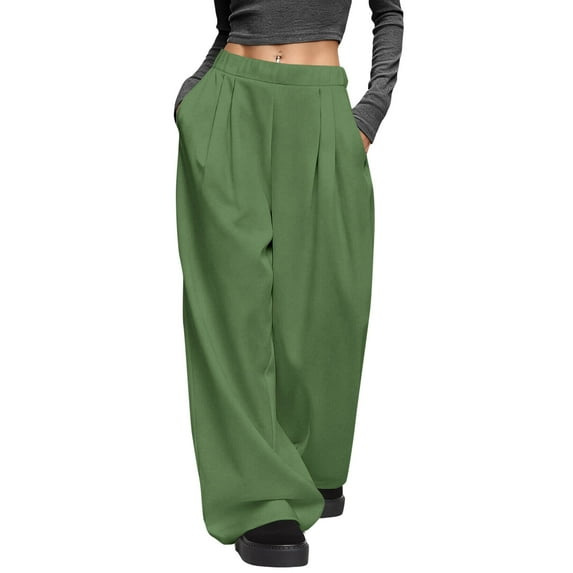 ZHYou Wide Leg Pants for Women Baggy Fit Casual Pull On Oversized Dress Pants for Women,Green,Size S