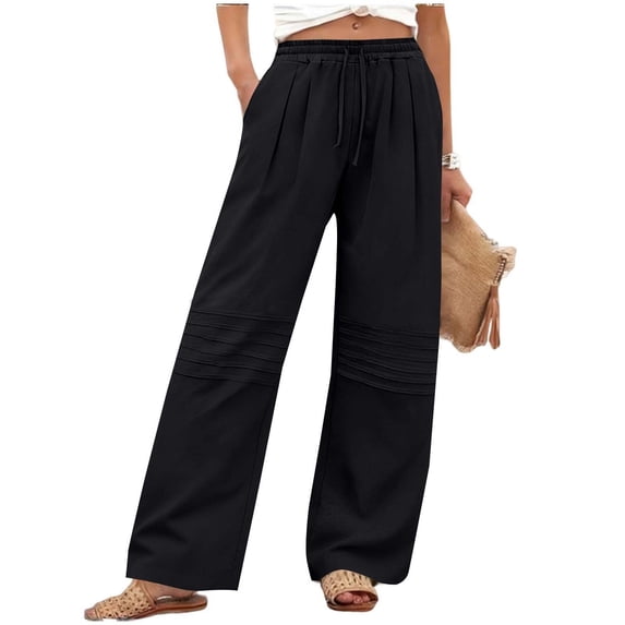 ZHYou Wide Leg Pants for Women Drawstring Elastic Waist Texture Baggy Fit Pull On Linen Pants,Black,Size M
