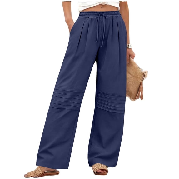 ZHYou Wide Leg Pants for Women Drawstring Elastic Waist Texture Baggy Fit Pull On Linen Pants,Navy,Size 3XL