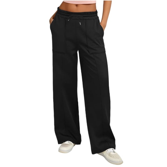 ZHYou Wide Leg Sweatpants for Women,Baggy,Pull On,Drawstring,High Waist,Elastic Soft Pants with 2 Pockets,Black,Size L