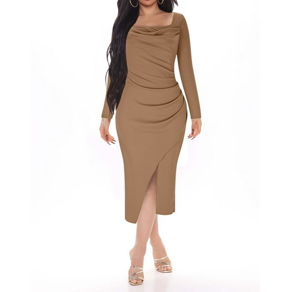 ZHYou Women Bodycon Midi Dresses Long Sleeve Square Neck Ruched Side Slit Stretchy Office Party Dresses,Brown,M