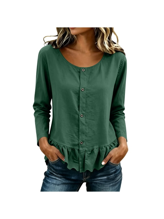 Women Casual Long Sleeve Shirts Button Down Oversized Dressy Casual Work Blouses Cropped Cute Ruffle Tops,Green,Size 2XL