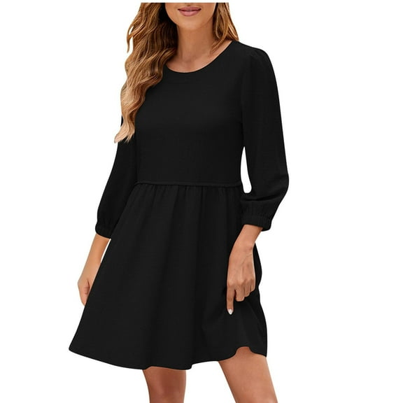 ZHYou Women Dresses 3/4 Sleeve A-Line Casual Mini Dress Crew Neck Solid Color High Waist Flowy Comfy Skirts,Black,S