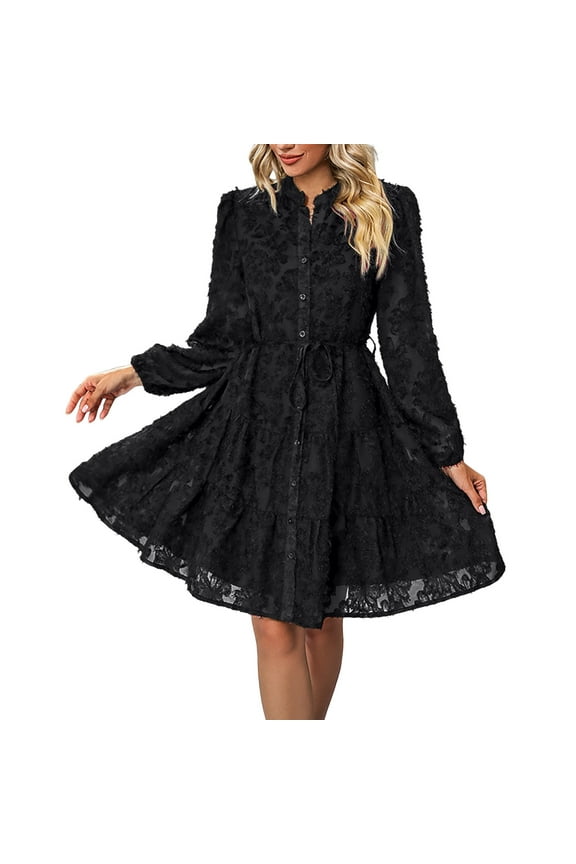 Women Dresses Long Sleeve Floral Lace Tiered Swing V-Neck Button Front Belted Ruffle Hem Elegant Dresses,Black,XL