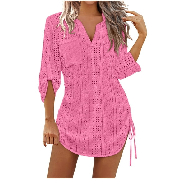ZHYou Women Eyelet Dresses Short Sleeve V-Neck Pocket Mini Tunic Dress Breathable Lightweight Casual Skirts,Pink,L