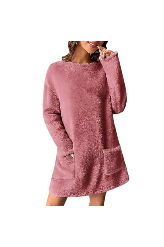 Women Fleece Dresses Long Sleeve Crewneck Oversized Plush Soft Comfort Pocket Loose Fit Mini Dresses,Pink,M