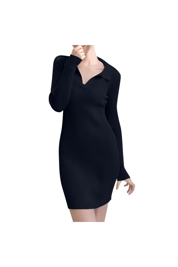 Women Knit Dresses Long Sleeve Bodycon Ribbed Stretchy Elegant Form Fitting Mini Dresses,Black,M
