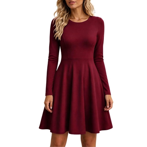 ZHYou Women Long Sleeves A-Line Mini Dresses Crew Neck Flowy High Waist Flare Swing Dresses for Big Women,Wine,Size M