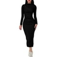 thumbnail image 1 of ZHYou Women Midi Dresses Long Sleeve High Neck Form Fitting Ruched Bodycon Stretchy Solid Color Dresses,Black,S, 1 of 7