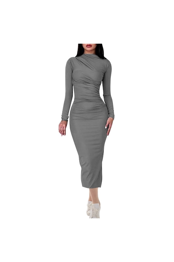 Women Midi Dresses Long Sleeve High Neck Form Fitting Ruched Bodycon Stretchy Solid Color Dresses,Gray,L