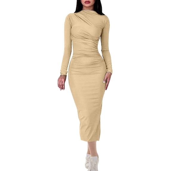 ZHYou Women Midi Dresses Long Sleeve High Neck Form Fitting Ruched Bodycon Stretchy Solid Color Dresses,Khaki,S