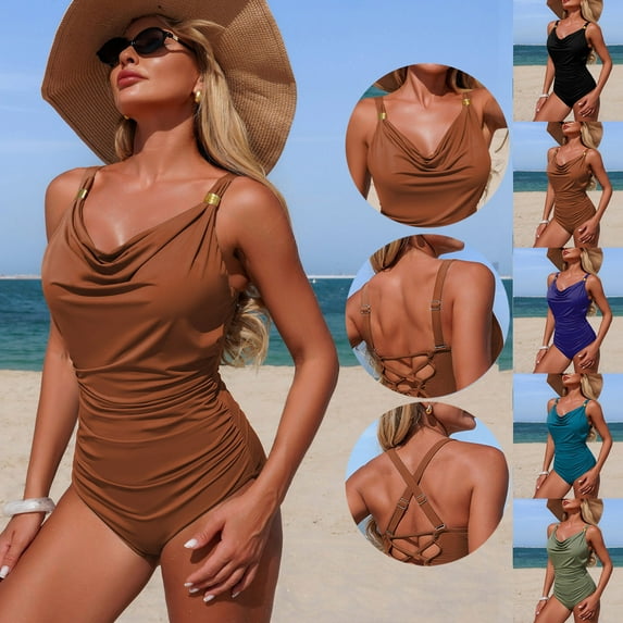 ZHYou Women One Piece Swimsuits Tummy Control Ruched Bathing Suit Gold Ring Full Coverage Slimming Swimwear,Coffee,S
