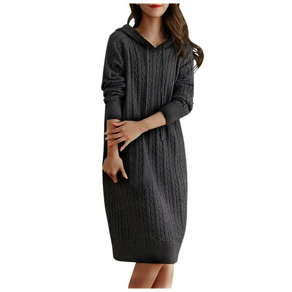 ZHYou Women Sweater Dresses Long Sleeve Cable Knit Hooded Midi Dress Drawstring Hoody Ribbed Cuff Comfy Casual Skirts,Black,Free Size