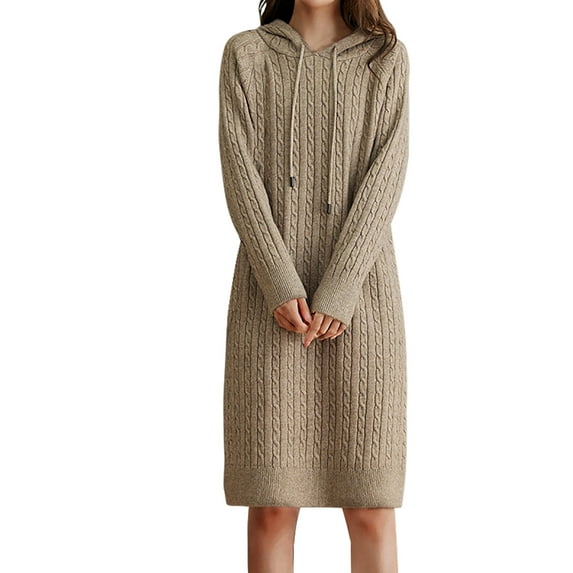 ZHYou Women Sweater Dresses Long Sleeve Cable Knit Hooded Midi Dress Drawstring Hoody Ribbed Cuff Comfy Casual Skirts,Gray,Free Size