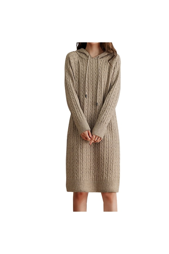 Women Sweater Dresses Long Sleeve Cable Knit Hooded Midi Dress Drawstring Hoody Ribbed Cuff Comfy Casual Skirts,Gray,Free Size