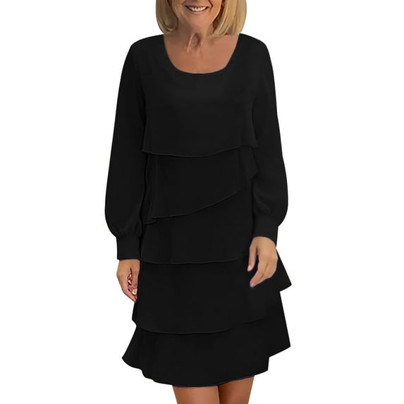 ZHYou Women Tiered Dresses Long Sleeve Scoop Neck Ruffle Layer Flowy Chiffon Comfort Casual Mini Dresses,Black,M