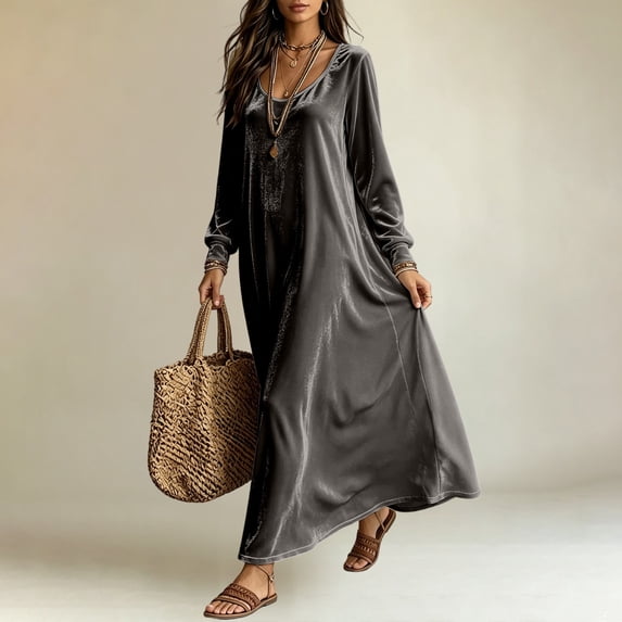 ZHYou Women V‑Neck Velvet Long Sleeves Maxi Nightgowns Loose Flowy Ruffle Hem Casual Lounge Sleepwear Long Dresses,Gray,Size 2XL