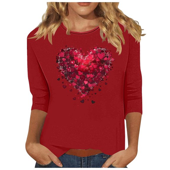 ZHYou Women Valentine's Day Shirts 3/4 Sleeve Valentine's Day Printed V-Neck Loose Fit Casual Soft Spring Summer Blouses,Red,2XL
