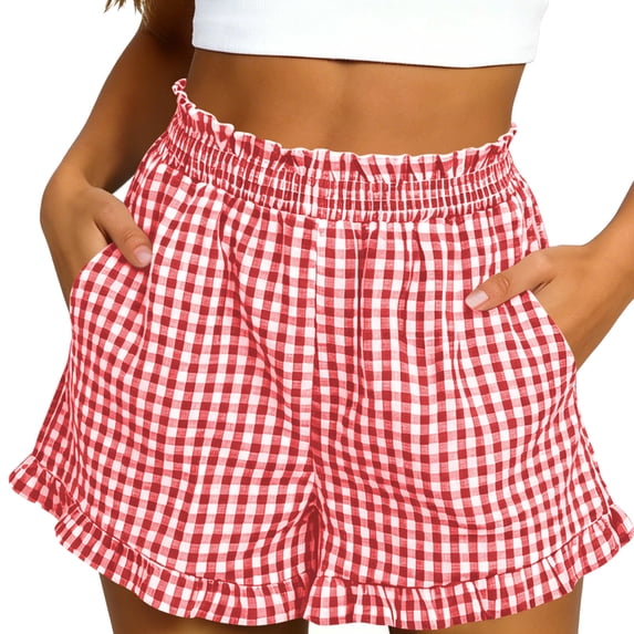 ZHYou Women's Gingham Shorts Ruffle Hem Elastic High Waist Casual Summer Shorts with Pockets Loose Fit Lounge Beach Shorts