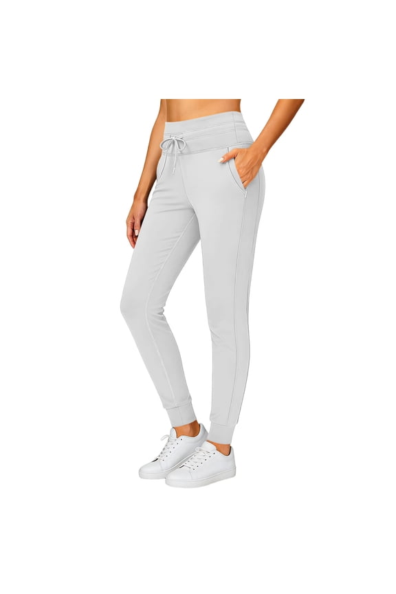 Women's Leggings Drawstring Stretch Waist Slim Fit Tummy Control Basic Yoga Pants with Pockets,White,Size M