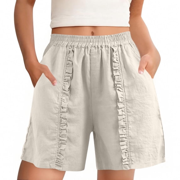 ZHYou Women's Linen Blend Shorts Elastic Waist Casual Loose Fit Ruffle Trim Lace Summer Shorts with Pockets,Gray,Size XL