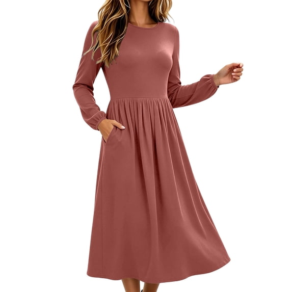 ZHYou Women's Long Sleeve Midi Dresses A-Line Crew Neck Loose Casual Pleated Dresses With Side Pockets,Pink,Size L