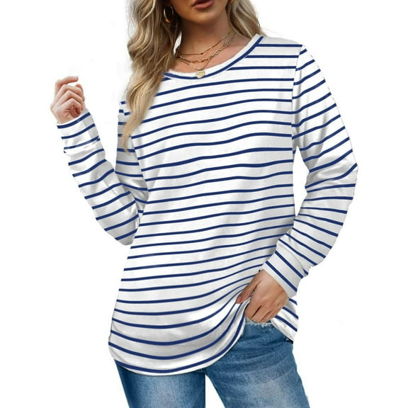 ZHYou Women's Long Sleeve Tops Black White Stripes Stylish Loose Fit Crew Neck Button T-Shirt Tops