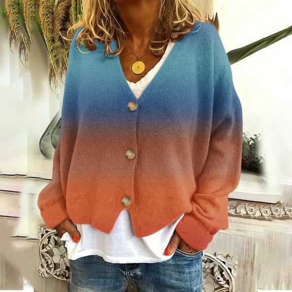 ZHYou Women's Long Sleeve Tops V-Neck Gradient Color Casual Fashion Loose Open Front Blouse Tops With Button