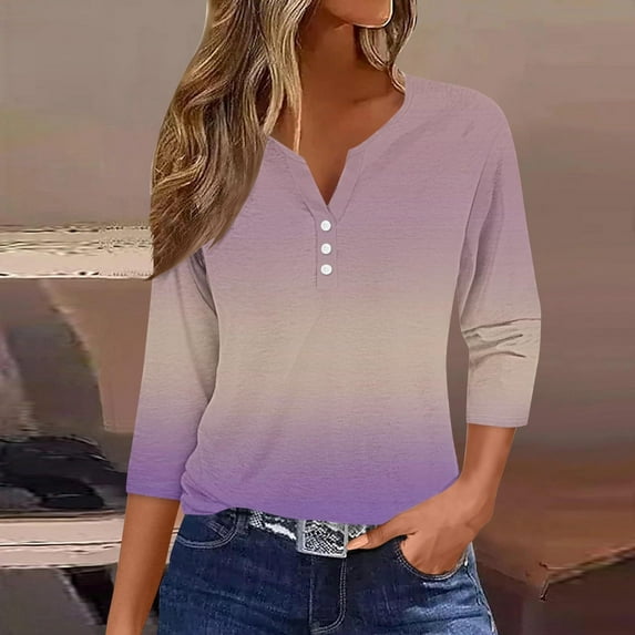 ZHYou Women's Long Sleeve Tops V-Neck Gradient Color Casual Fashion Loose Open Front Blouse Tops With Button