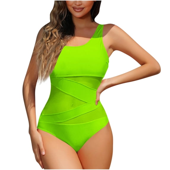 ZHYou Women's One Piece Bathing Suits One Shoulder Swimsuits Slimming Mesh Swimsuits,Mint Green,S