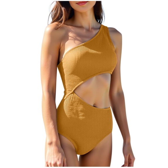 ZHYou Women's One Piece Ribbed Swimsuit One Shoulder Cutout Swimwear Bathing Suit,Yellow,L