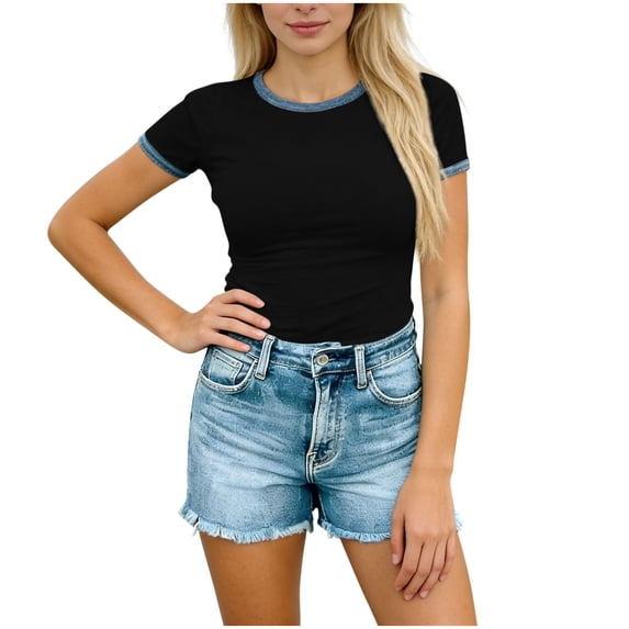 ZHYou Women's Short Sleeve Shirts Crew Neck Color Block T Shirts Summer Slim Fit Basic Tee Tops Black 2XL