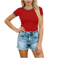 thumbnail image 1 of ZHYou Women's Short Sleeve Shirts Crew Neck Color Block T Shirts Summer Slim Fit Basic Tee Tops Red S, 1 of 5