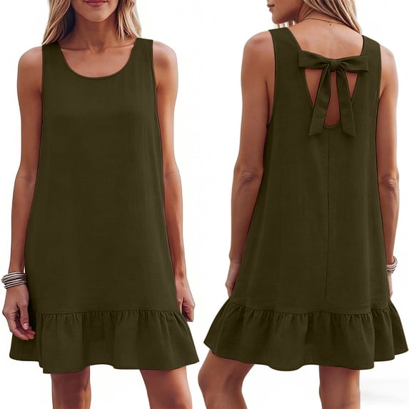 ZHYou Women's Summer Dresses with Cute Bow Casual Loose Sleeveless Sundress Ruffle Hem Tank Dresses Beach Dress with Pockets Army Green XL