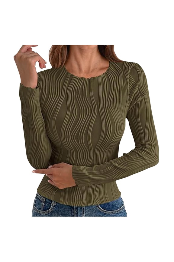 Women's Textured Wave Stripe Long Sleeve Top, Slim Fit Ribbed Knit Crewneck Shirt, Stretchy Basic Tees,Sizes:S,M,L,XL,2XL