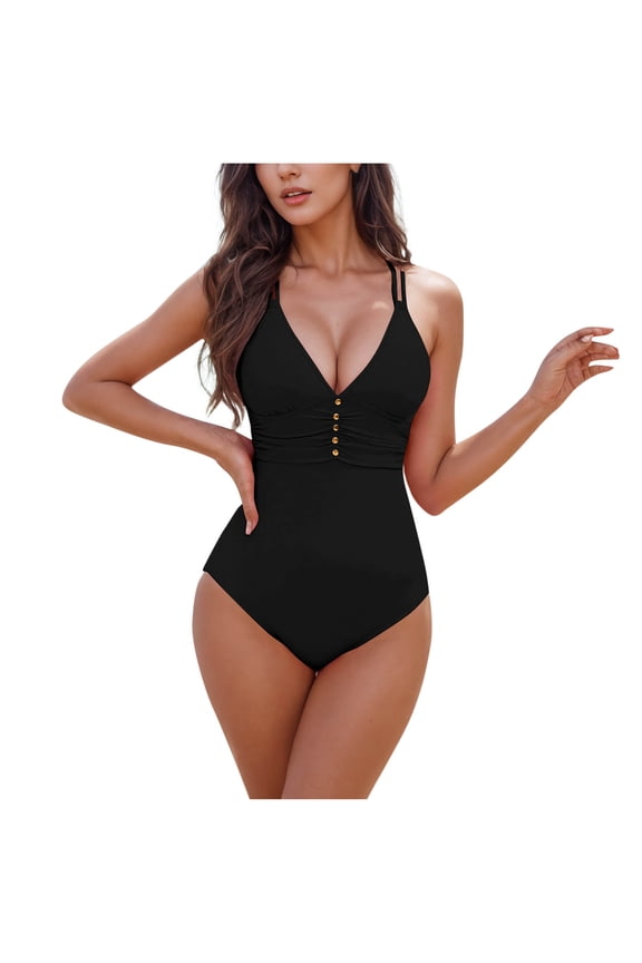 Women's Tummy Control Swimsuits Ruched Slimming One Piece Bathing Suit Deep V Neck Swimwear Suits with Button,Black,Size L