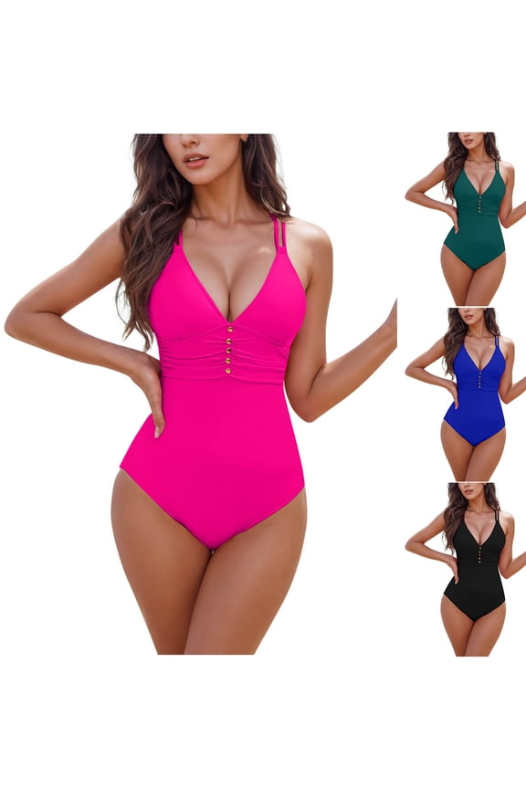 Women's Tummy Control Swimsuits Ruched Slimming One Piece Bathing Suit Deep V Neck Swimwear Suits with Button,Hot Pink,Size 2XL