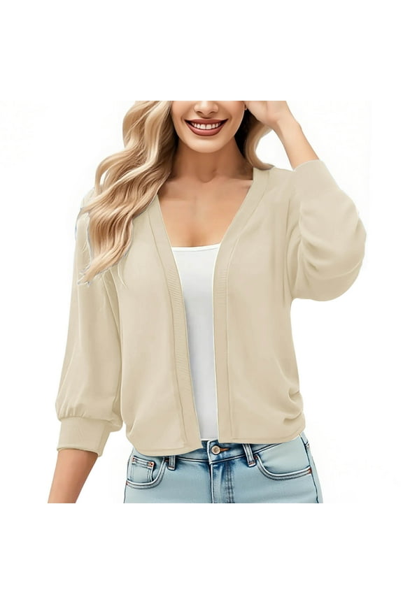Womens 3/4 Sleeve Cropped Cardigan Knit Sweaters Lightweight Open Front BLouses