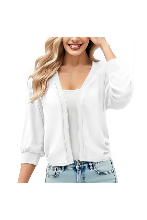 Womens 3/4 Sleeve Cropped Cardigan Knit Sweaters Lightweight Open Front BLouses