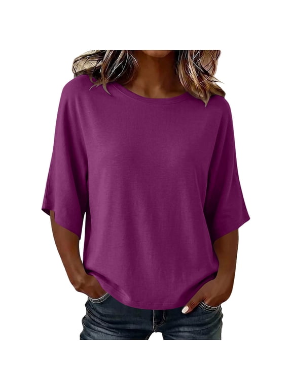 Womens 3/4 Sleeve T‑Shirts Crew Neck Dolman Loose Casual Relaxed Fit Basic Daily Tops