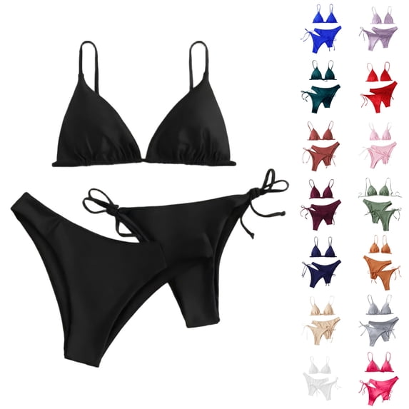 ZHYou Womens Bikini Sets Halter Neck Tie Triangle String Thong Swimsuit Summer Bathing Suits,Black,Size L