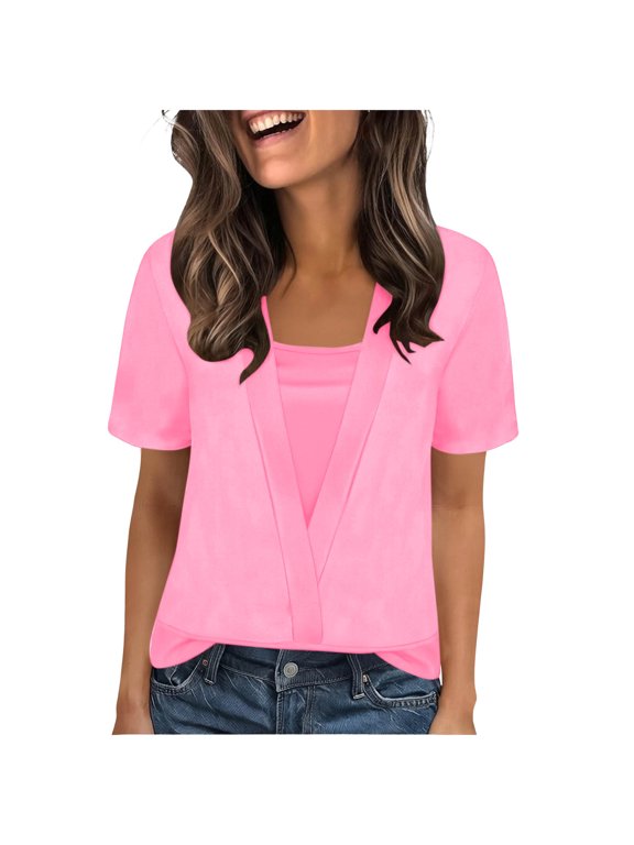 Womens Blouses 2 in 1 Square Neck Casual Loose Fit Short Sleeve Layered Tunic Tops with Overlay Pink L