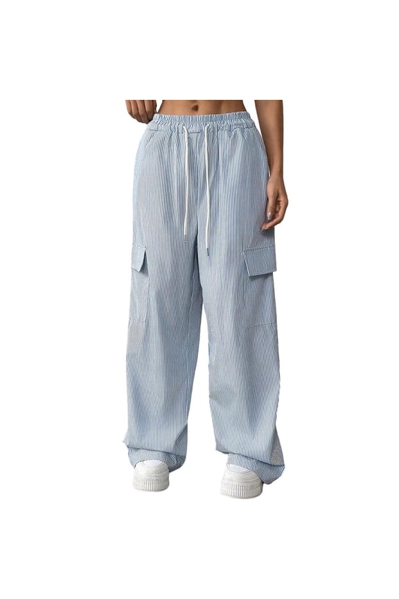 Womens Blue White Striped Wide-Leg Cargo Pants, Drawstring Waist, Functional Pockets, Casual Chic Style,Size: XS,S,M,L