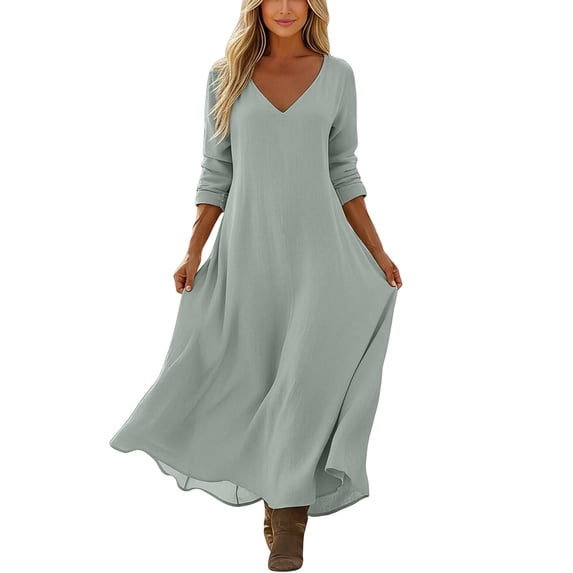 ZHYou Womens Casual Dresses V-Neck Long Sleeve Leisure Loose Fit Linen Soft Flowy Dresses Loungewear,Gray,Size XL