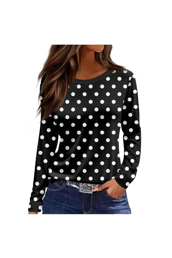 Womens Classic Polka Dot Long Sleeve T-Shirt, Round Neck Soft Casual Tees, Loose Fit Basic Top,Sizes:S,M,L,XL,2XL