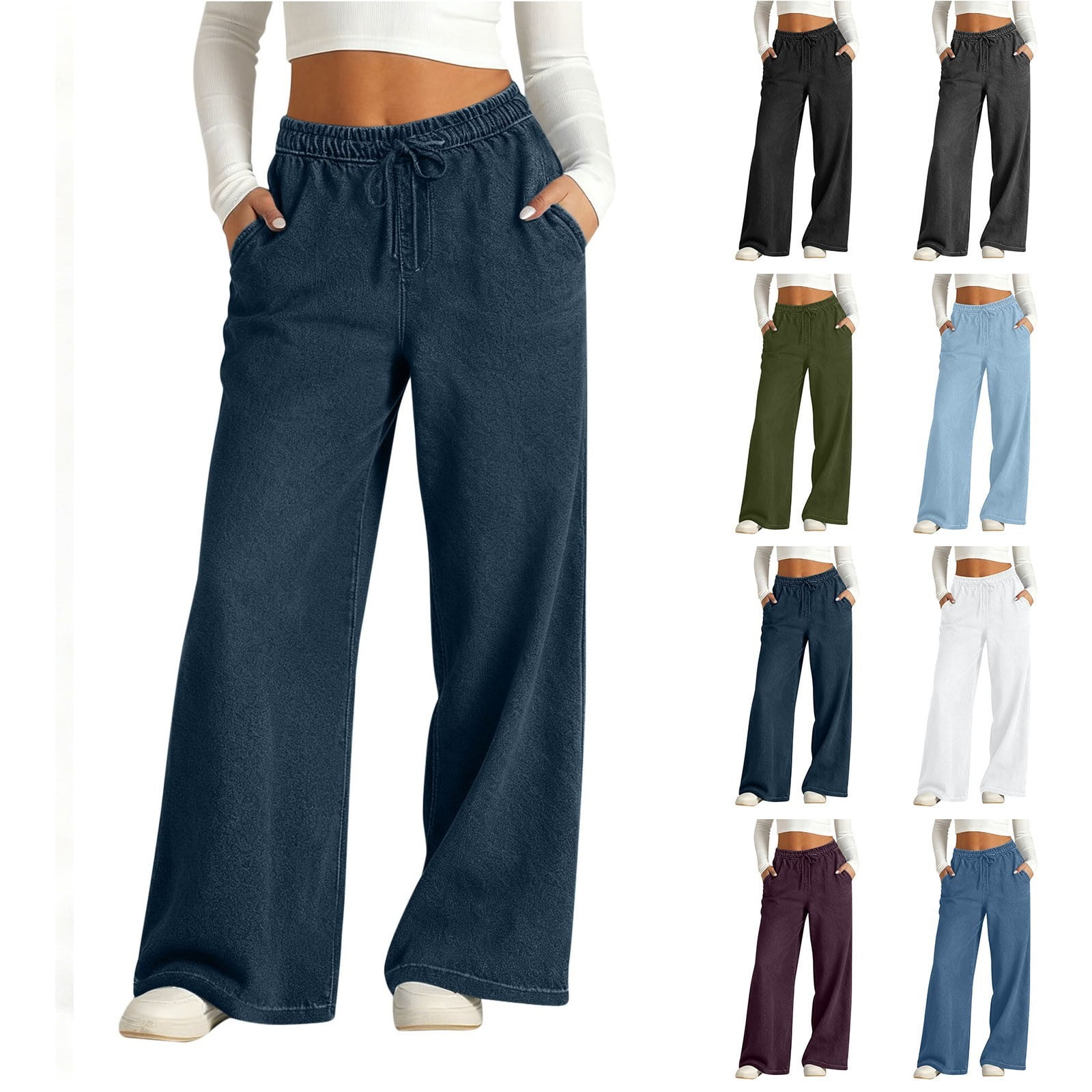 ZHYou Womens Drawstring Wide Leg Jeans Elastic High Waisted Baggy Pull ...