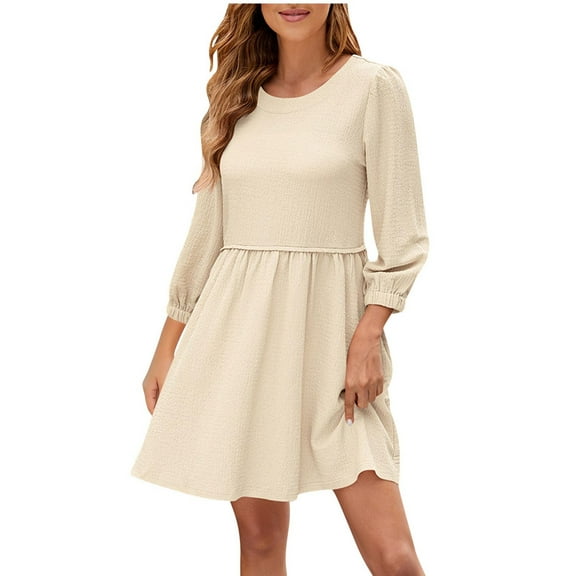 ZHYou Womens Dresses 3/4 Sleeve Textured A-Line Mini Dress Crew Neck Solid Color Smocked Waist Casual Comfy Dresses,Beige,M