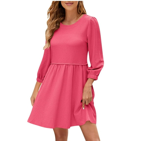 ZHYou Womens Dresses 3/4 Sleeve Textured A-Line Mini Dress Crew Neck Solid Color Smocked Waist Casual Comfy Dresses,Pink,M