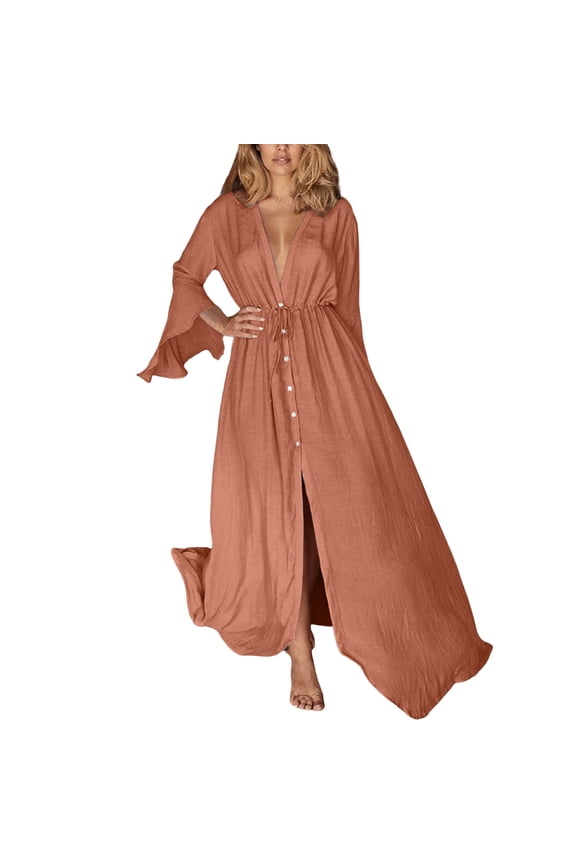 Womens Dresses Linen Blend Maxi V-Neck Button Front Tie Waist Long Bell Sleeve Flowy Beach Cover Up Skirts,Red,Free Size